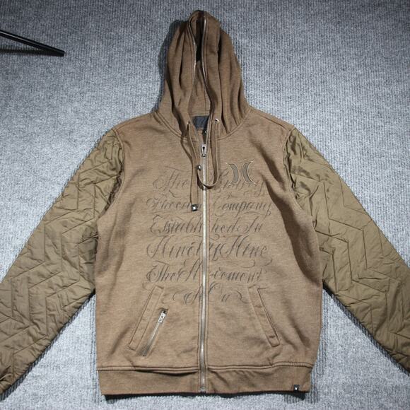 Hurley Quilted Hoodie Mens Large Brown Quilted Sleeves Surf Y2K Retro Full Zip - Picture 2 of 8